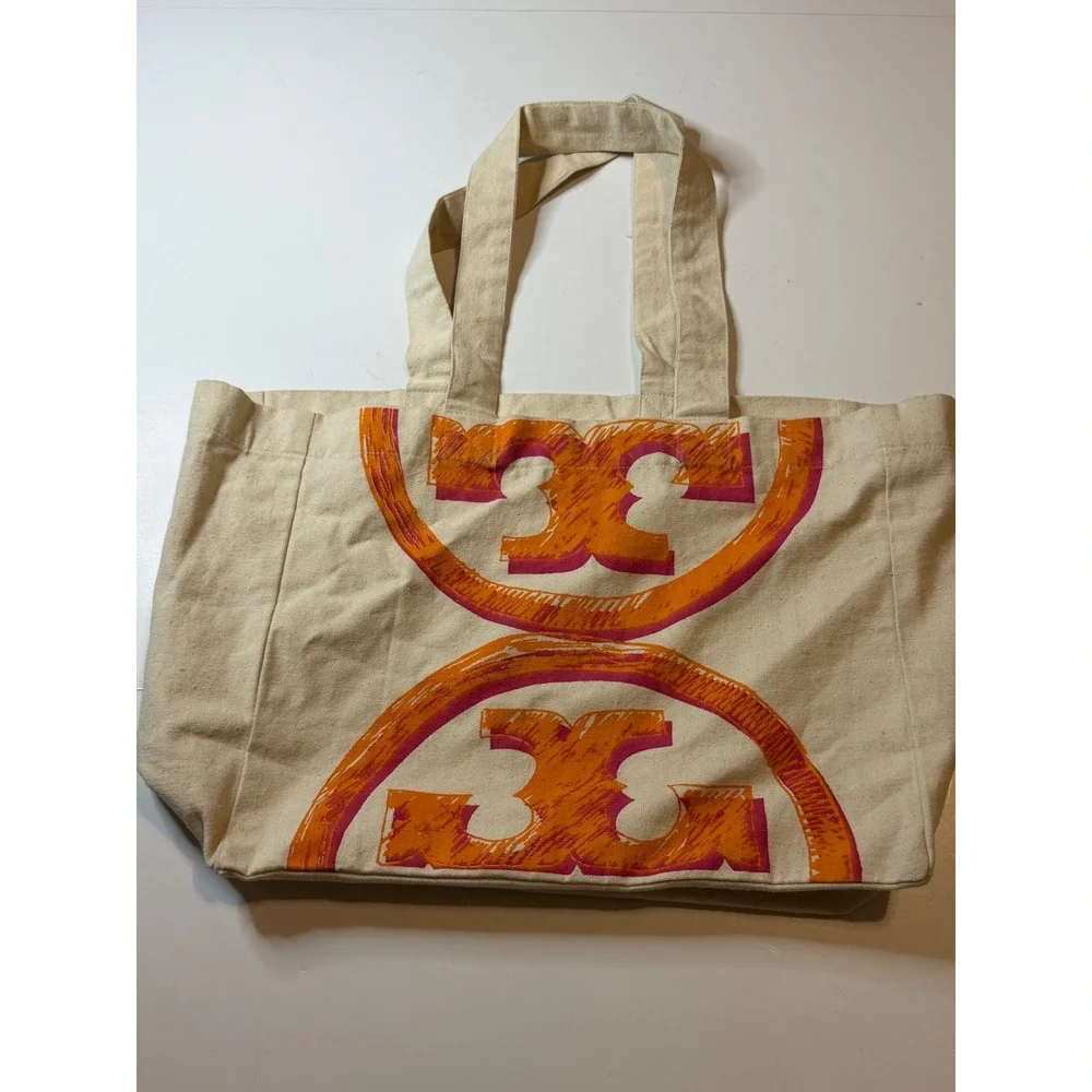 Tory Burch Canvas Tote Bag Cream Orange Oversized Logo Shopper Beach Bag